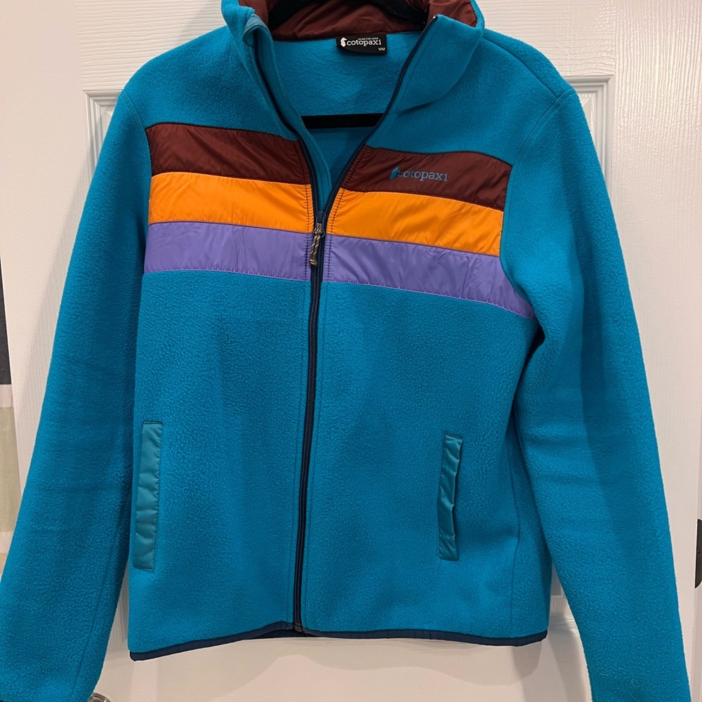 cotopaxi Teal Fleece Jacket with Brown, Orange, and Purple Stripes